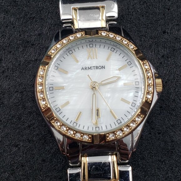 Armitron Womens Silver-Tone Watch Gold Crystal Accents Mother Pearl Dial Working - Picture 2 of 13